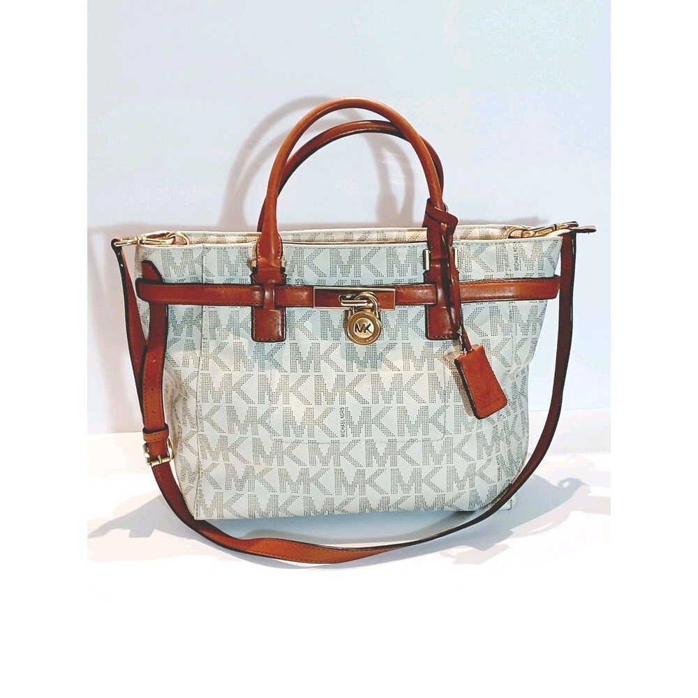 Michael Kors Cream MK Logo Canvas Crossbody with Brown Leather Trim